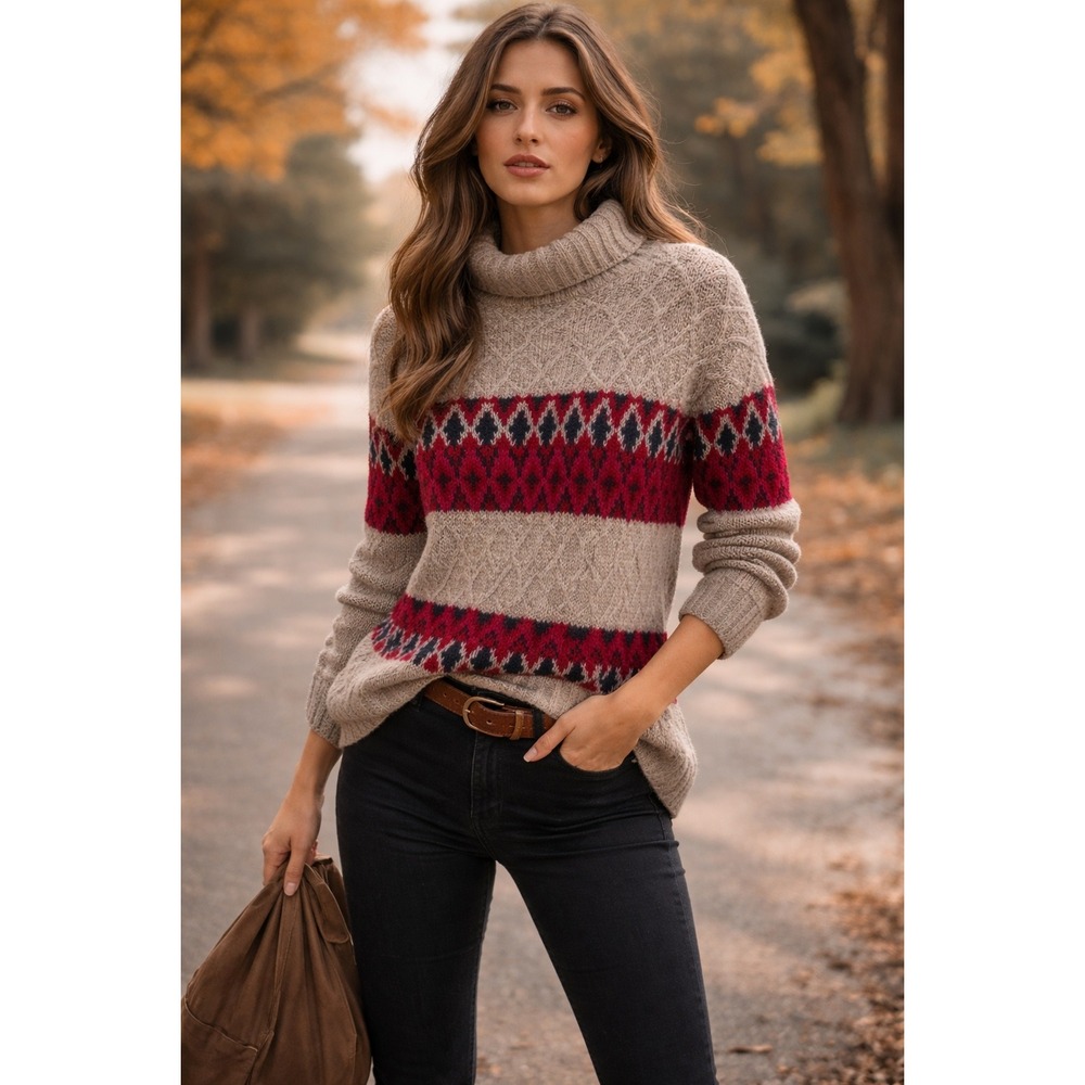 Faherty Womens L Sweater Beige Pink Red Alpaca Blend Fair Isle Funnel‎ Neck
